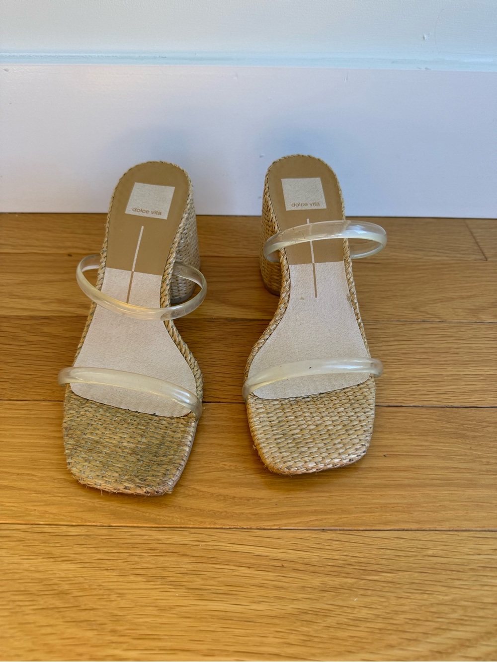 Dolce Vita Natural Woven Wedge Sandals with Clear Double Straps